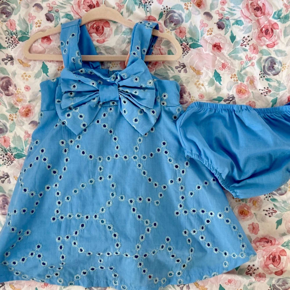 Rare Editions Blue Eyelet Dress with Bow